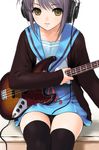  bass_guitar blue_sailor_collar cardigan headphones instrument kita_high_school_uniform nagato_yuki panties pantyshot sailor_collar sano_toshihide school_uniform serafuku short_hair silver_hair solo suzumiya_haruhi_no_yuuutsu thighhighs tissue_princess underwear yellow_eyes 