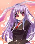  animal_ears arms_behind_back bad_id bad_pixiv_id blazer bunny_ears jacket kobanzame lavender_hair long_hair necktie red_eyes red_neckwear reisen_udongein_inaba smile solo touhou 