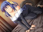  all_fours bare_shoulders bed black_dress blue_hair blush breasts closed_eyes dizzy dress dutch_angle guilty_gear hands large_breasts no_wings racco smile solo tail 