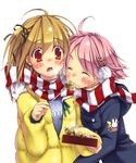  ahoge blonde_hair blush cat_hair_ornament closed_eyes eating food hair_ornament hair_ribbon hinohino multiple_girls one_side_up original pink_hair red_eyes ribbon scarf shared_scarf simple_background striped striped_scarf takoyaki upper_body white_background 