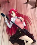  anti-materiel_rifle brown_skirt glasses gun hirama_hirokazu long_hair long_skirt lying necktie red_hair rifle skirt sniper_rifle solo teacher tengen_toppa_gurren_lagann weapon yoko_littner yomako 