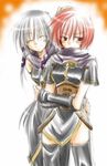  ^_^ artist_request blush breastplate clair_lasbard closed_eyes closed_mouth cowboy_shot crossed_arms gauntlets loincloth long_sleeves multiple_girls nel_zelpher red_eyes red_hair short_hair shoulder_pads simple_background standing star_ocean star_ocean_till_the_end_of_time thighhighs white_background 
