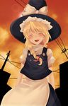  ^_^ ^o^ apron bangs black_hat black_skirt black_vest blonde_hair blush bow braid building closed_eyes eyebrows_visible_through_hair hair_bow hat hat_bow kirisame_marisa long_hair orange_sky outdoors power_lines red_bow sazame shirt short_sleeves single_braid skirt sky smile solo swept_bangs touhou twilight utility_pole vest waist_apron white_apron white_bow white_shirt witch_hat 