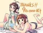  akizuki_ritsuko amami_haruka antenna_hair barefoot braid brown_eyes brown_hair cd cd_player chan_co glasses green_eyes headphones hits idolmaster idolmaster_(classic) idolmaster_1 multiple_girls panties ribbon short_hair tank_top underwear 