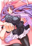  :d animal_ears black_legwear blazer breasts bunny_ears foreshortening hase_nanase jacket large_breasts long_hair miniskirt open_mouth pantyhose pleated_skirt pointing purple_hair red_eyes reisen_udongein_inaba skirt smile solo touhou very_long_hair 
