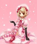  blonde_hair brown_eyes dress elbow_gloves gloves hat lambdadelta pink pink_background pink_dress pink_hat solo striped striped_legwear suzushiro_kurumi thighhighs umineko_no_naku_koro_ni 