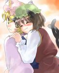  animal_ears blonde_hair brown_hair carrying cat_ears cat_tail chen closed_eyes coco_(artist) earrings fang hat jewelry long_sleeves looking_back multiple_girls multiple_tails piggyback pillow_hat short_hair smile tail tassel touhou yakumo_ran yellow_eyes 
