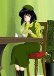  beret bishoujo_senshi_sailor_moon black_hair bob_cut chair chin_rest dress green_dress hat hino_ryutaro plant purple_eyes shirt sitting socks solo striped striped_shirt tea tomoe_hotaru 