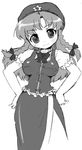 beret blush braid greyscale hat head_tilt hong_meiling long_hair looking_at_viewer manji_taba monochrome puffy_short_sleeves puffy_sleeves short_sleeves side_slit simple_background smile solo star touhou twin_braids white_background 