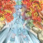  autumn_leaves backpack bag blue_eyes blue_hair boots hair_bobbles hair_ornament hat kawashiro_nitori key looking_at_viewer pocket river sayuu_hanten skirt smile solo tools touhou two_side_up water waterfall 