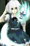  :o black_bow black_neckwear bow bowtie cowboy_shot dress expressionless floating gaia ghost green_dress green_eyes hitodama konpaku_youmu konpaku_youmu_(ghost) looking_at_viewer parted_lips puffy_short_sleeves puffy_sleeves short_sleeves silver_hair solo touhou 