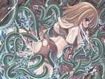  ass blush breasts brown_hair censored cum from_behind highres hunter_(ragnarok_online) looking_back medium_breasts midriff nipples purple_eyes ragnarok_online shorts solo_focus tears tentacle_sex tentacles torn_clothes water xration 