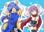  angelous_lazward blue_hair caramelldansen eyepatch fang follower_(yagisaka_seto) lowres male_focus md5_mismatch multiple_boys oekaki original purple_hair scarf thighhighs yagisaka_seto 