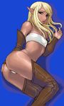  ass bandeau blonde_hair blue_background boots brown_eyes copyright_request detached_sleeves elf flat_chest gloves lips long_hair lowres matoyama oekaki panties pointy_ears solo strapless tan thigh_boots thighhighs tubetop underwear 