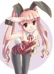  animal_ears brown_eyes bunny_ears bunnysuit cowboy_shot darker_than_black katahira_masashi kayanuma_kiko leaning_forward pantyhose pink_hair salute solo twintails wrist_cuffs 