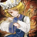  blonde_hair crossed_arms dress hat long_sleeves looking_at_viewer ofuda pillow_hat short_hair solo tabard tassel touhou white_dress wide_sleeves xero yakumo_ran yellow_eyes 