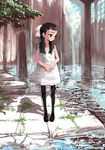  black_eyes black_hair copyright_request day dress expressionless flat_chest hair_ribbon long_hair looking_away outdoors ribbon ruins sasahara_yuuki short_dress solo standing thighhighs water zettai_ryouiki 