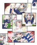  ^_^ apron bathing between_fingers blush braid closed_eyes closed_mouth coco_(artist) collarbone comic dagger frills izayoi_sakuya knife looking_at_viewer maid maid_headdress serious smile steam touhou towel twin_braids upper_body weapon 