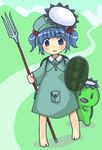  aoi_tobira barefoot hair_bobbles hair_ornament kappa kawashiro_nitori polearm shield solo touhou trident weapon 