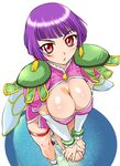 angel_links belt blush bob_cut boots bracelet breasts cleavage cleavage_cutout detached_sleeves dress earrings from_above gloves groin hands_on_own_knee jewelry large_breasts leg_lift li_meifon purple_hair red_eyes short_hair shoulder_pads side_slit solo thigh_strap thighs ueyama_michirou 
