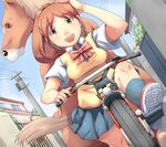  bad_id bad_pixiv_id bicycle copyright_request dutch_angle ground_vehicle hand_on_head horse knucklecurve open_mouth ponytail school_uniform smile solo what 