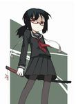  bad_id bad_pixiv_id black_hair copyright_request glasses ikura_hato katana pantyhose red_eyes school_uniform serafuku skirt solo sword thighhighs weapon 