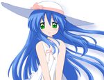  bare_shoulders blue_hair collarbone dress floating_hair green_eyes hat izumi_kanata kamia_(not_found) long_hair lucky_star simple_background sleeveless sleeveless_dress solo sun_hat sundress very_long_hair white_background white_dress wind 