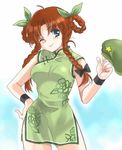 bare_shoulders blue_eyes braid china_dress chinese_clothes coco_(artist) dress hong_meiling leaning_forward one_eye_closed red_hair solo touhou twin_braids 