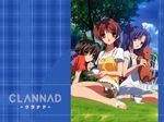  :o bag bare_legs black_hair blue_hair brown_eyes brown_hair clannad copyright_name day dress full_body furukawa_nagisa green_eyes handbag ibuki_fuuko ichinose_kotomi ikeda_kazumi looking_at_viewer lying multiple_girls on_stomach outdoors parted_lips plant puffy_short_sleeves puffy_sleeves sandals short_sleeves sitting toes tree wallpaper white_dress yokozuwari 