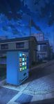  blue_sky building bush cloud cloudy_sky drainpipe fence grass highres house night night_sky no_humans original outdoors pavement pippi_(pixiv_1922055) plant power_lines scenery sky star_(sky) starry_sky telephone_pole town vending_machine window 