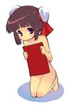  barefoot blush brown_hair covering double_bun kneeling lowres moejin nude original solo 