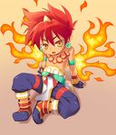  artist_request boots child earrings fang fingerless_gloves fire gloves horn jewelry male_focus pointy_ears red_hair rekka_(shinrabanshou) shinrabanshou shirtless sitting solo source_request tattoo yellow_eyes 