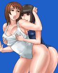  black_eyes blue_background breast_grab breasts brown_eyes brown_hair copyright_request curvy grabbing large_breasts lips lowres matoyama multiple_girls oekaki one-piece_swimsuit swimsuit thick_thighs thighs yuri 