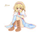  adjusting_clothes alice_margatroid angry blonde_hair boots brown_footwear character_name cravat hairband outline red_eyes shino_(eefy) sitting solo touhou 