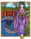  anthro bridge clothing felid female fish flower japanese_clothing kalika-tybera kimono leopard mammal marine pantherine plant pond sakura tree 