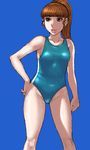  blue_background brown_eyes brown_hair copyright_request lips lowres matoyama oekaki one-piece_swimsuit ponytail single_vertical_stripe solo swimsuit 