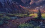  bridge cloud cloudy_sky grass highres mountain mountainous_horizon night night_sky no_humans original outdoors path pippi_(pixiv_1922055) plant river road rock scenery sky star_(sky) starry_sky tree water 