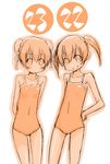  arms_behind_back blush_stickers hands_on_hips mahou_sensei_negima! mikami_komata monochrome multiple_girls narutaki_fumika narutaki_fuuka numbered one-piece_swimsuit orange_(color) smile swimsuit 