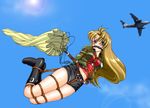  aircraft airplane bdsm bit_gag blonde_hair blue_eyes blush bondage boots bound crotch_rope falling gag gagged hogtie jacket long_hair madlax madlax_(character) midriff parachute photo_background rope shibari skirt solo spark_utamaro 