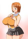  ahoge blue_eyes breast_suppress breasts condom cowboy_shot curvy highres huge_breasts my-hime one_eye_closed orange_hair orange_shirt shirt short_hair skirt solo stretch tetrodotoxin tokiha_mai vest 