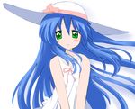 bad_id bad_pixiv_id bare_shoulders blush collarbone dress green_eyes hat izumi_kanata kamia_(not_found) long_hair looking_at_viewer lucky_star simple_background sleeveless sleeveless_dress solo sun_hat sundress very_long_hair white_background 