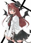  alternate_costume ascot bat_wings black_legwear book coco_(artist) cross demon_tail frills garter_straps hat head_tilt head_wings holding holding_book inverted_cross koakuma lace long_hair long_sleeves looking_at_viewer mini_hat mini_top_hat red_eyes red_hair shirt simple_background skirt solo tail thighhighs top_hat touhou v_arms white_background white_shirt wings zettai_ryouiki 