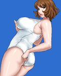  blue_background brown_eyes brown_hair copyright_request lips lowres matoyama oekaki one-piece_swimsuit plump solo swimsuit 