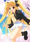  :d ankle_boots blonde_hair blush boots breasts casual cherry_blossoms contemporary fate_testarossa kouzuki_hajime large_breasts long_hair long_sleeves looking_at_viewer lyrical_nanoha mahou_shoujo_lyrical_nanoha_strikers open_mouth outdoors plant running smile solo tareme tree 