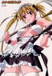  absurdres airi_(queen's_blade) alternate_color blonde_hair blush breasts eyebrows_visible_through_hair hair_ribbon highres huge_filesize maid maid_headdress non-web_source official_art queen's_blade ribbon scythe solo takamura_kazuhiro thighhighs torn_clothes twintails underboob 