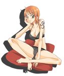  barefoot bra breasts cleavage feet green_eyes large_breasts lingerie nami_(one_piece) one_piece panties short_hair sitting smile solo tattoo underwear underwear_only yu-ri_(kurione-sha) 
