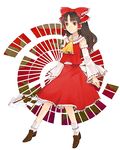  ascot brown_eyes brown_hair collar detached_sleeves dress full_body gohei hakurei_reimu holding kneehighs loafers long_hair long_sleeves red_dress ribbon-trimmed_sleeves ribbon_trim shoes simple_background solo stick touhou white_background white_legwear xero 