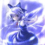  &gt;:) blue_eyes blue_hair bow cirno dress hair_bow lain lowres no_nose outstretched_arms short_hair smile smirk solo spread_arms touhou v-shaped_eyebrows wings 