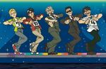  :d black_hair blonde_hair dancing endou_yuuji ishida_kouji itou_kaiji kaiji looking_at_viewer microphone multiple_boys music number open_mouth pose sahara_makoto singing smile stage_lights sunglasses tonegawa_yukio 