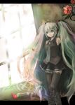  aqua_hair flower hatsune_miku hibiscus leche long_hair outside_border solo thighhighs twintails very_long_hair vocaloid window zettai_ryouiki 